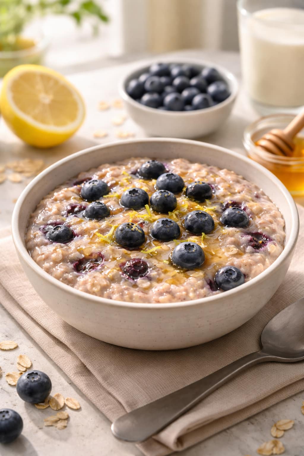 Blueberry Lemon Porridge plated and ready to serve.