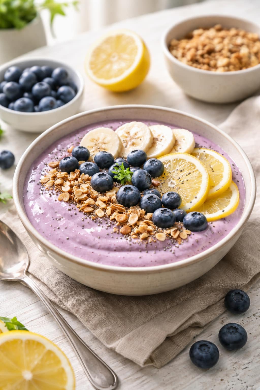 Blueberry Lemon smoothie bowls topped with granola and fruit.