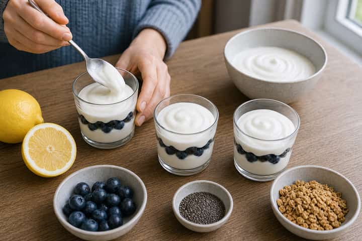 Blueberry Lemon Yogurt Pots cooking step 3: Build the flavour.