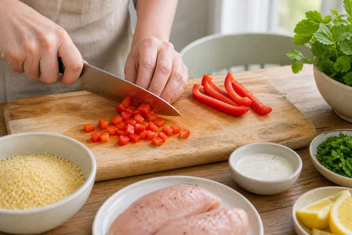 Chicken Caesar Couscous Boxes cooking step 2: Start cooking.
