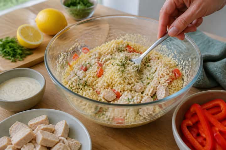 Chicken Caesar Couscous Boxes cooking step 4: Bring it together.