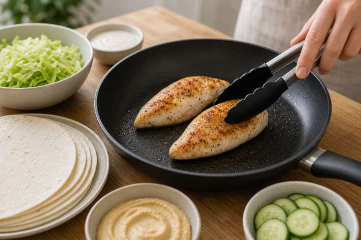 Chicken Caesar Wraps cooking step 2: Start cooking.