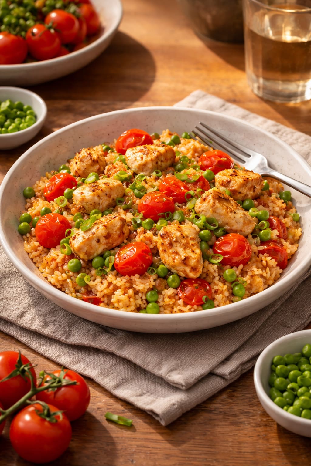 Chicken Tomato Rice Bowls plated and ready to serve.