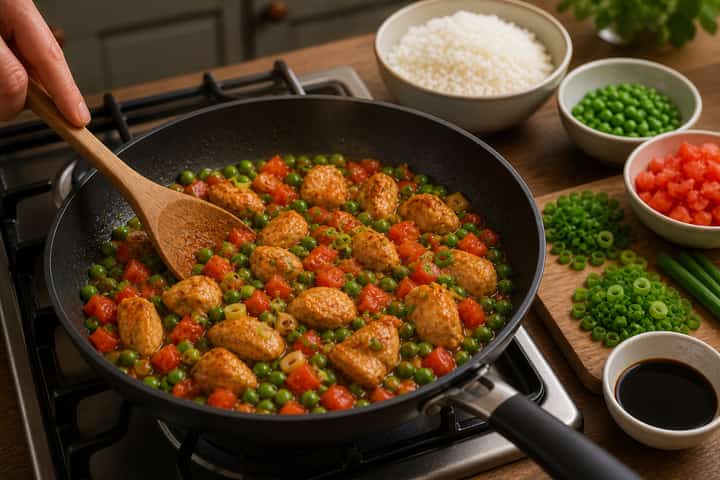 Chicken Tomato Rice Bowls cooking step 4: Bring it together.