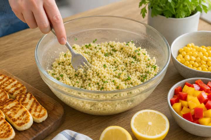 Halloumi Sweetcorn Couscous Boxes cooking step 4: Bring it together.