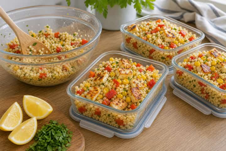 Halloumi Sweetcorn Couscous Boxes cooking step 5: Finish the dish.