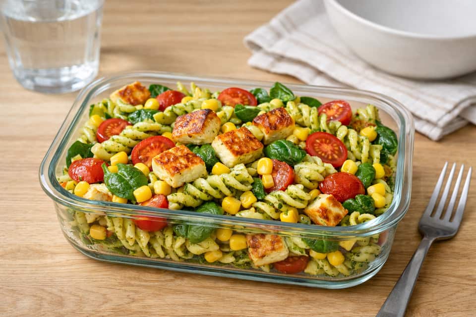 Halloumi Sweetcorn Pasta Salad plated and ready to serve.