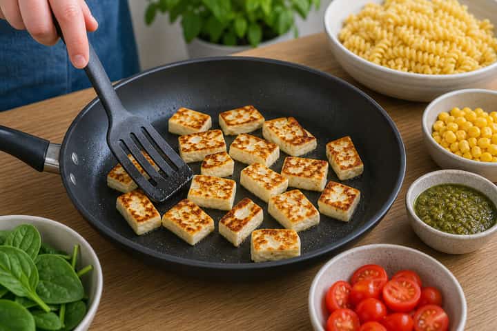 Halloumi Sweetcorn Pasta Salad cooking step 3: Build the flavour.
