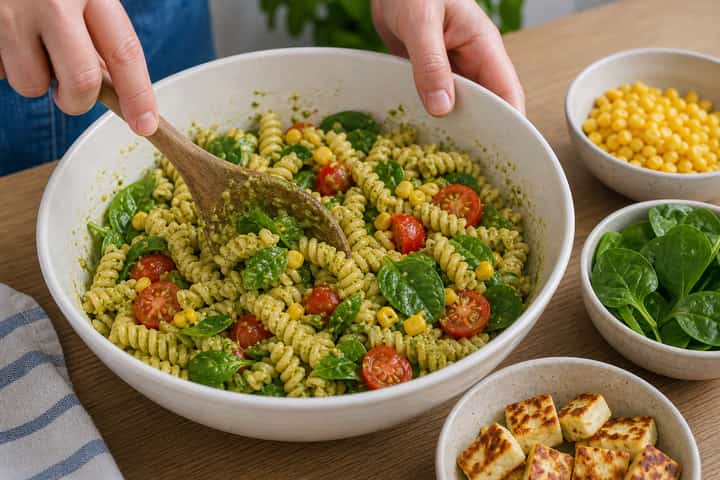 Halloumi Sweetcorn Pasta Salad cooking step 4: Bring it together.