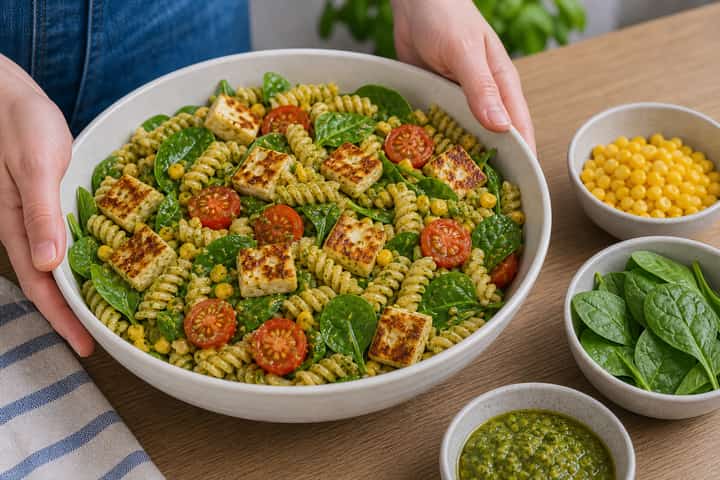 Halloumi Sweetcorn Pasta Salad cooking step 5: Finish the dish.