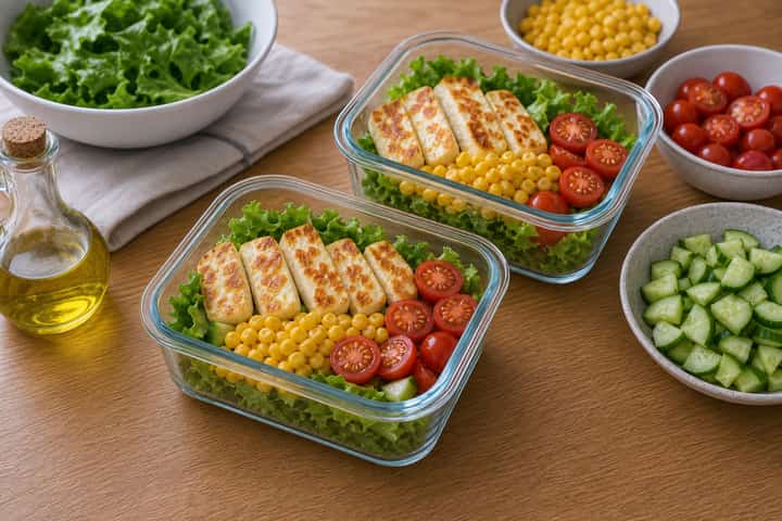 Halloumi Sweetcorn Salad Boxes cooking step 4: Bring it together.