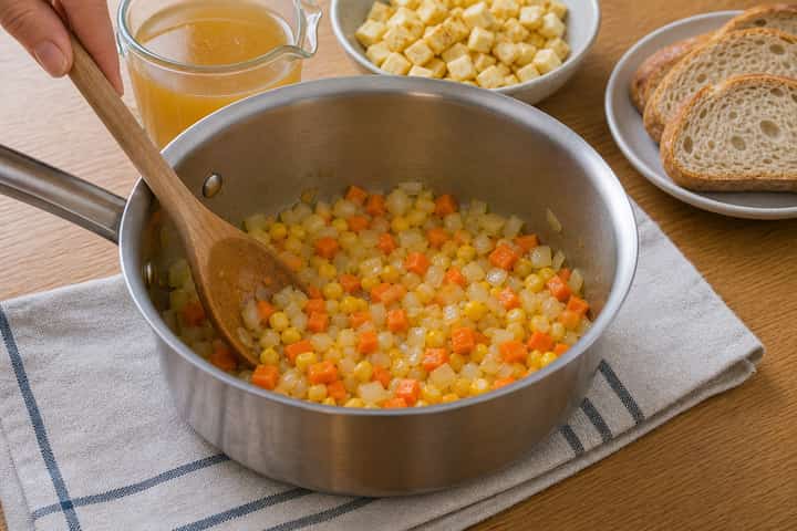 Halloumi Sweetcorn Soup Pots cooking step 2: Start cooking.