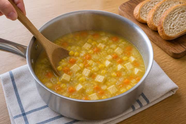 Halloumi Sweetcorn Soup Pots cooking step 4: Bring it together.
