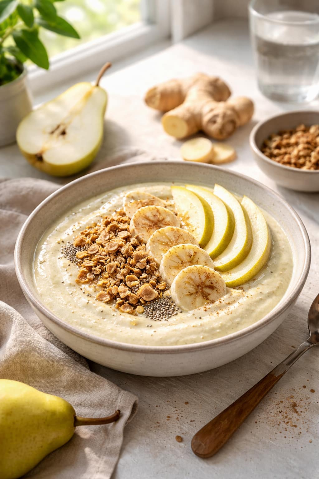 Pear Ginger smoothie bowls topped with granola and fruit.