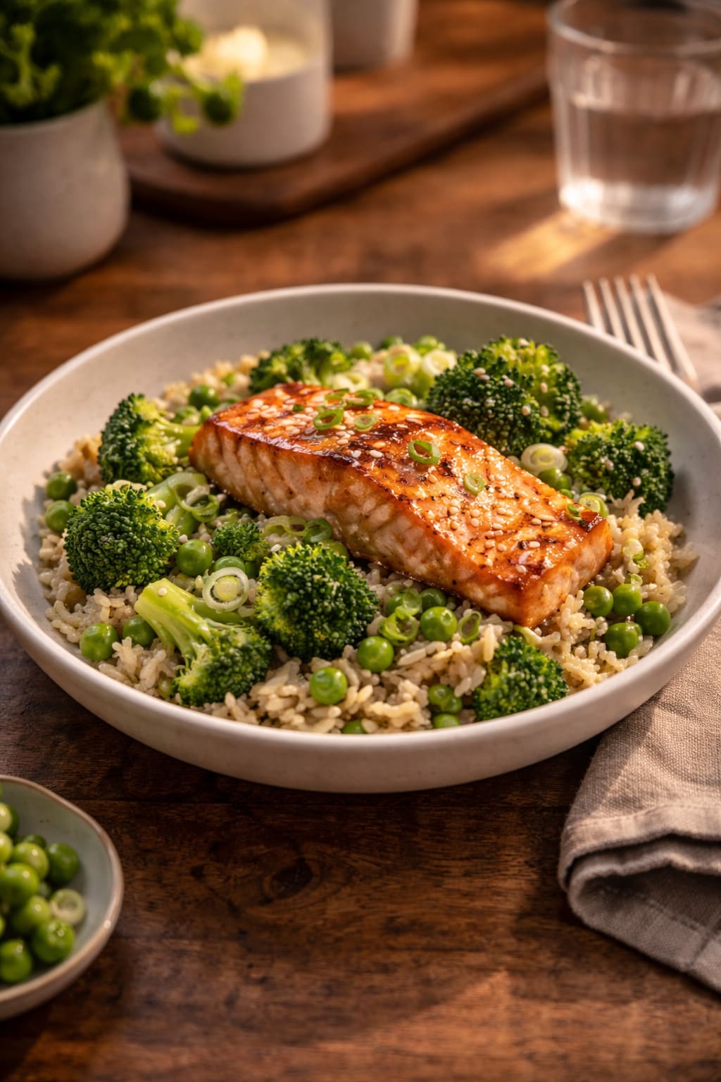 Salmon Broccoli Rice Bowls plated and ready to serve.