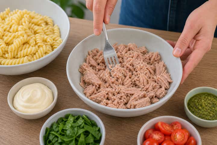 Tuna Mayo Pasta Salad cooking step 3: Build the flavour.