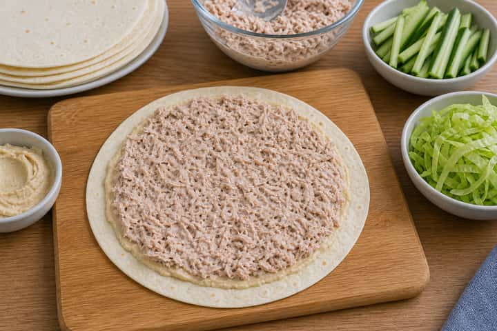 Tuna Mayo Wraps cooking step 4: Bring it together.