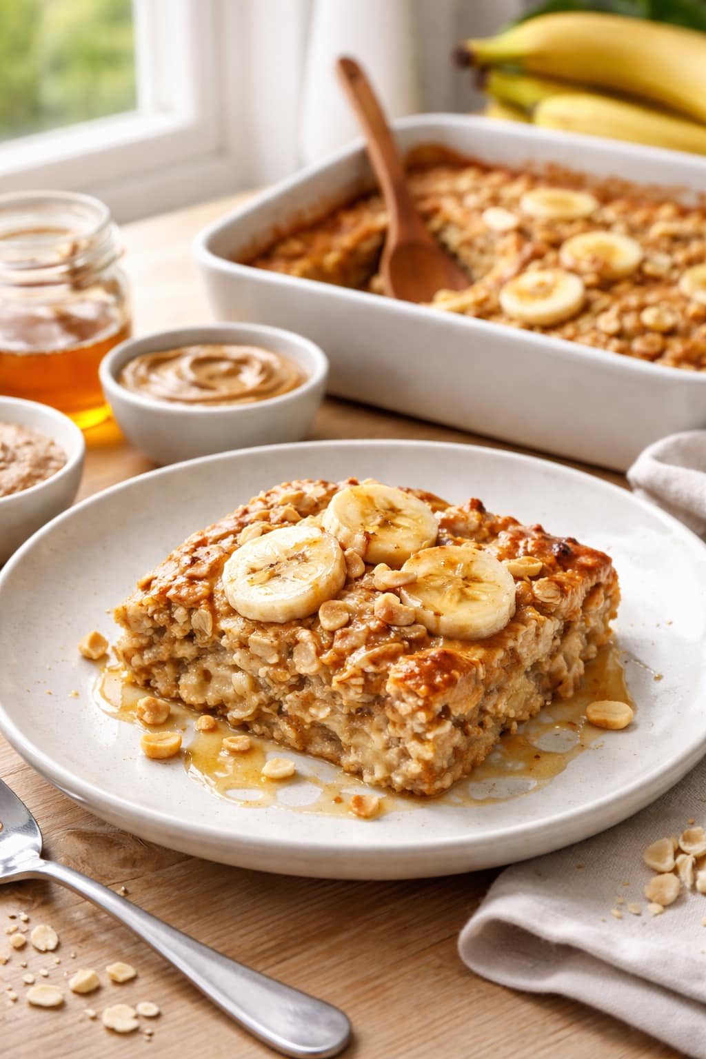 Banana Peanut Baked Oats plated and ready to serve.
