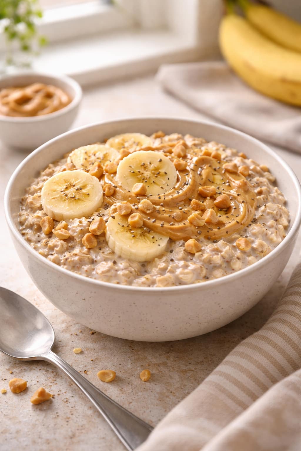 Banana Peanut overnight oats with fruit and a creamy oat base.