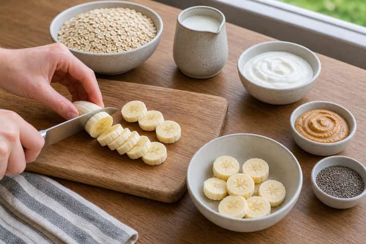 Banana Peanut Overnight Oats cooking step 1: Get prepped.