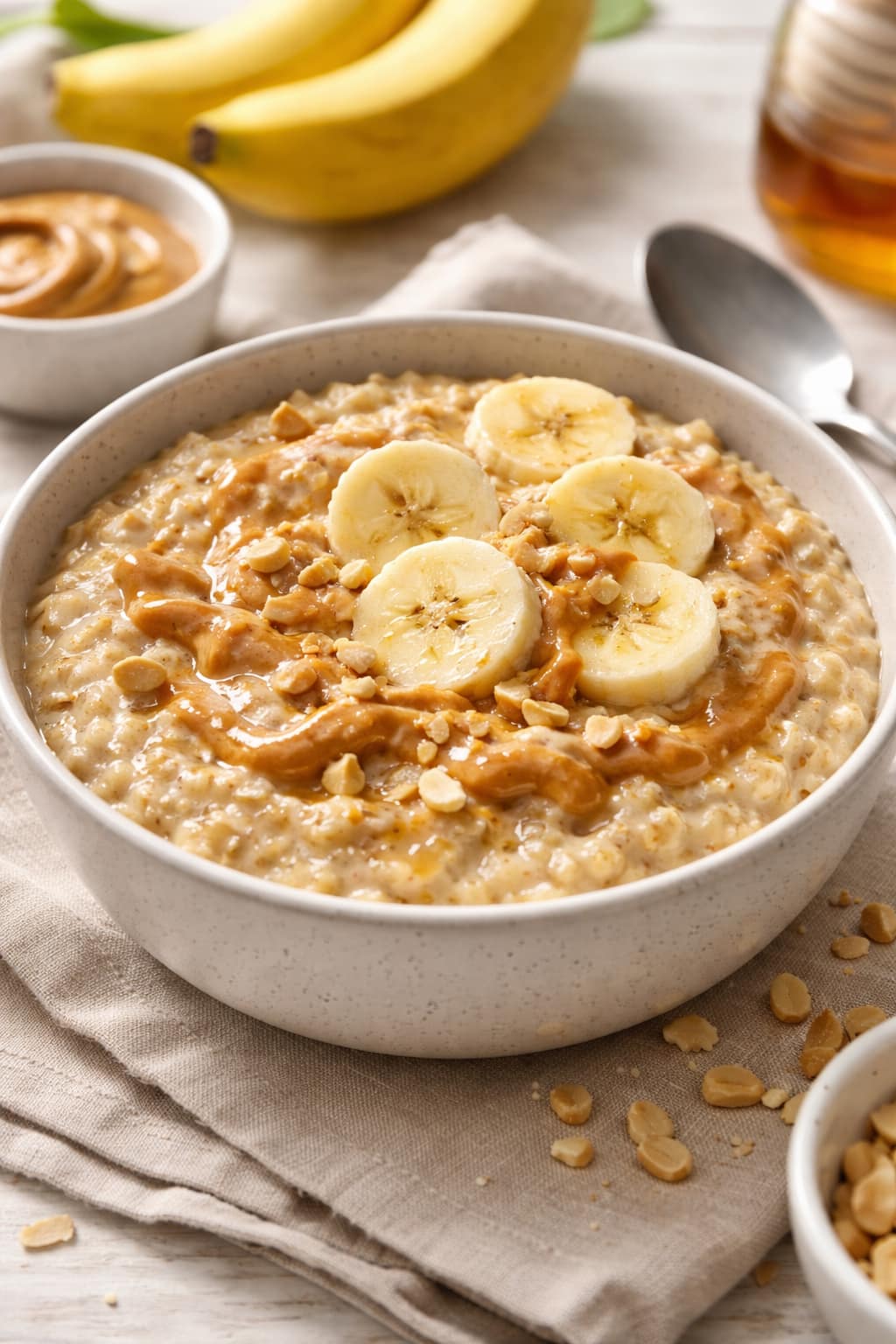 Banana Peanut Porridge plated and ready to serve.