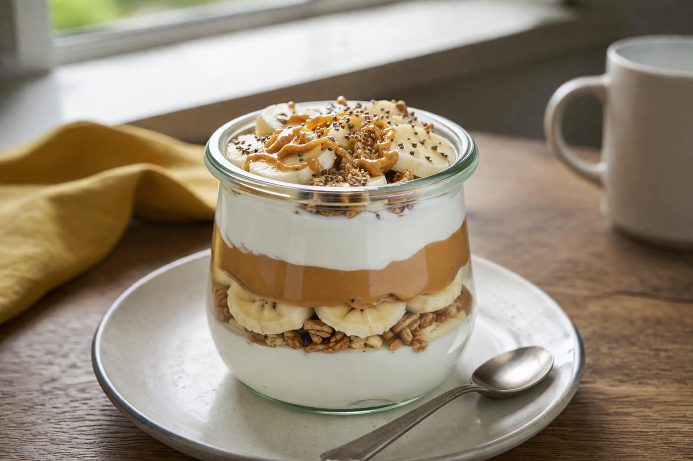 Banana Peanut Yogurt Pots plated and ready to serve.