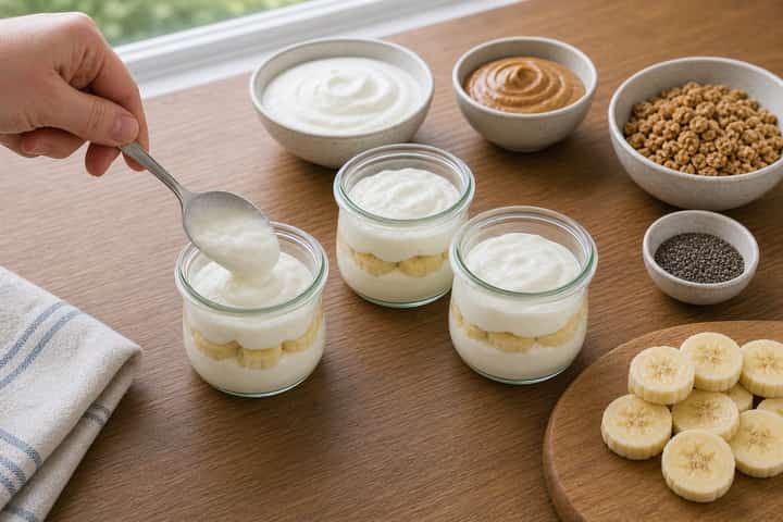 Banana Peanut Yogurt Pots cooking step 3: Build the flavour.