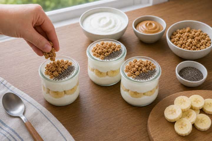 Banana Peanut Yogurt Pots cooking step 4: Bring it together.