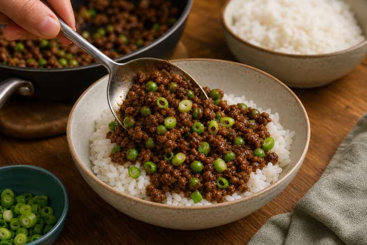 Beef Chilli Rice Bowls cooking step 6: Serve.