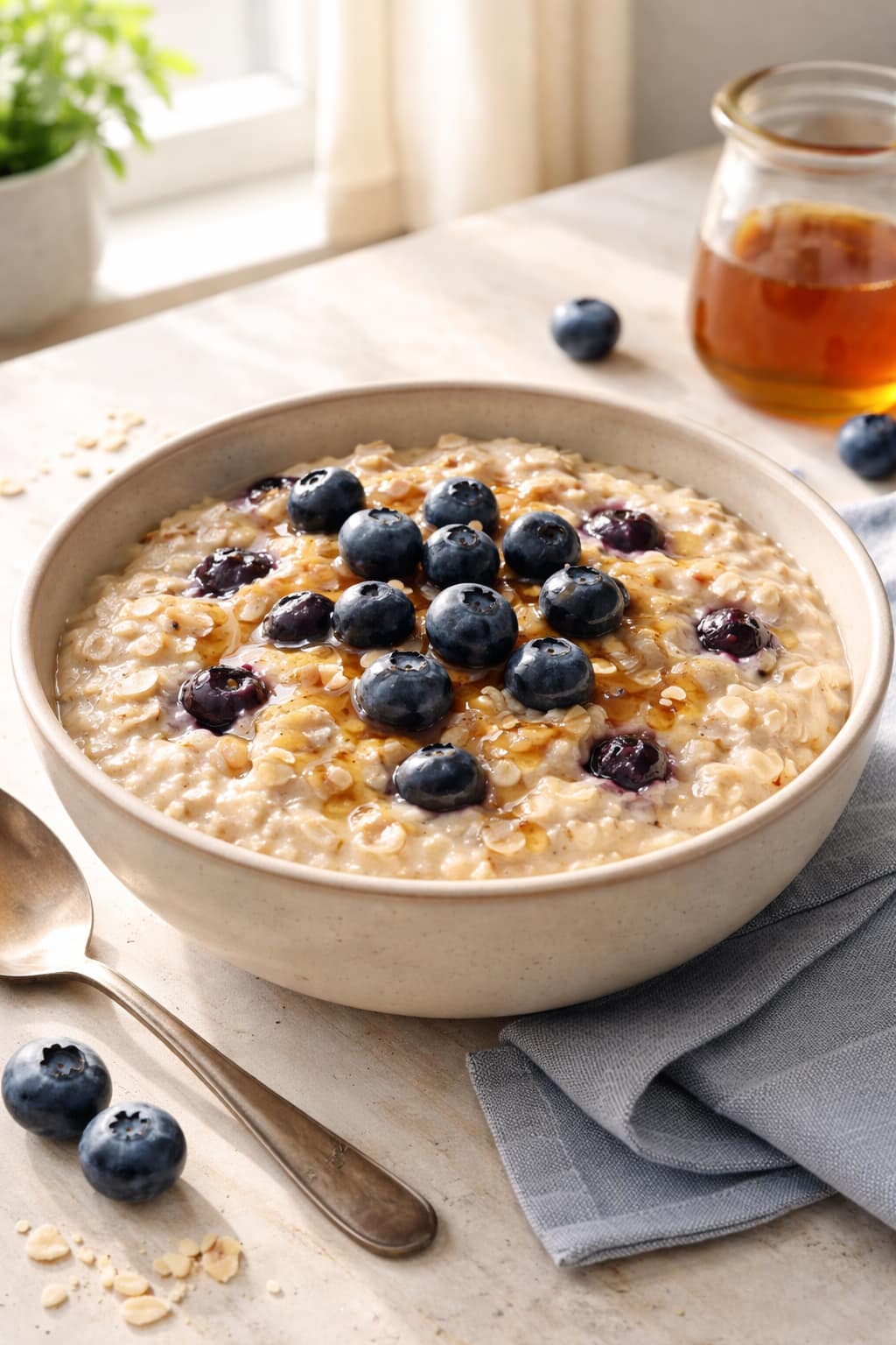 Blueberry Maple Porridge plated and ready to serve.