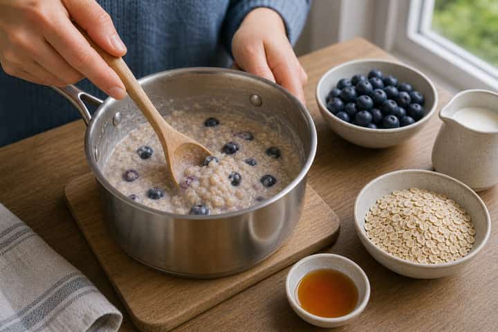 Blueberry Maple Porridge cooking step 3: Build the flavour.