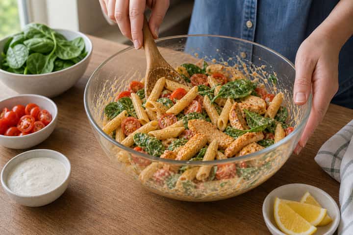 Chicken Piri Piri Pasta Salad cooking step 4: Bring it together.