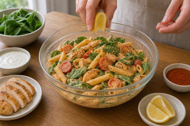 Piri piri chicken pasta salad with spinach, tomatoes, lemon and yoghurt dressing.