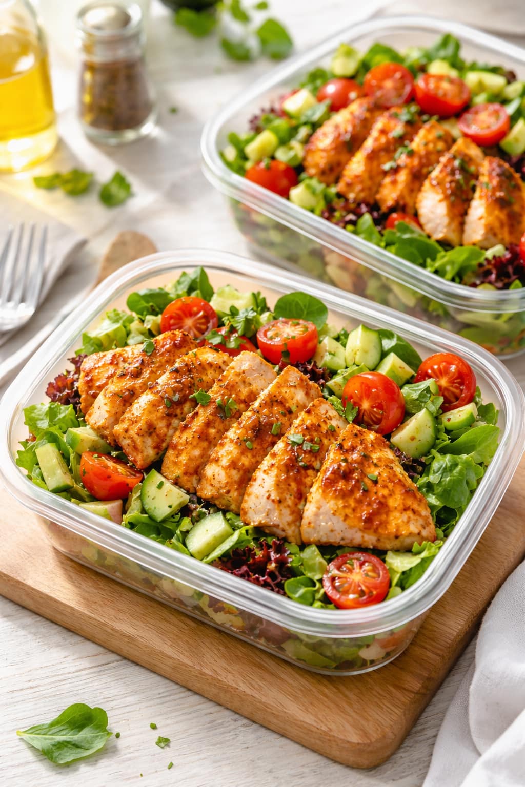 Chicken Piri Piri Salad Boxes plated and ready to serve.