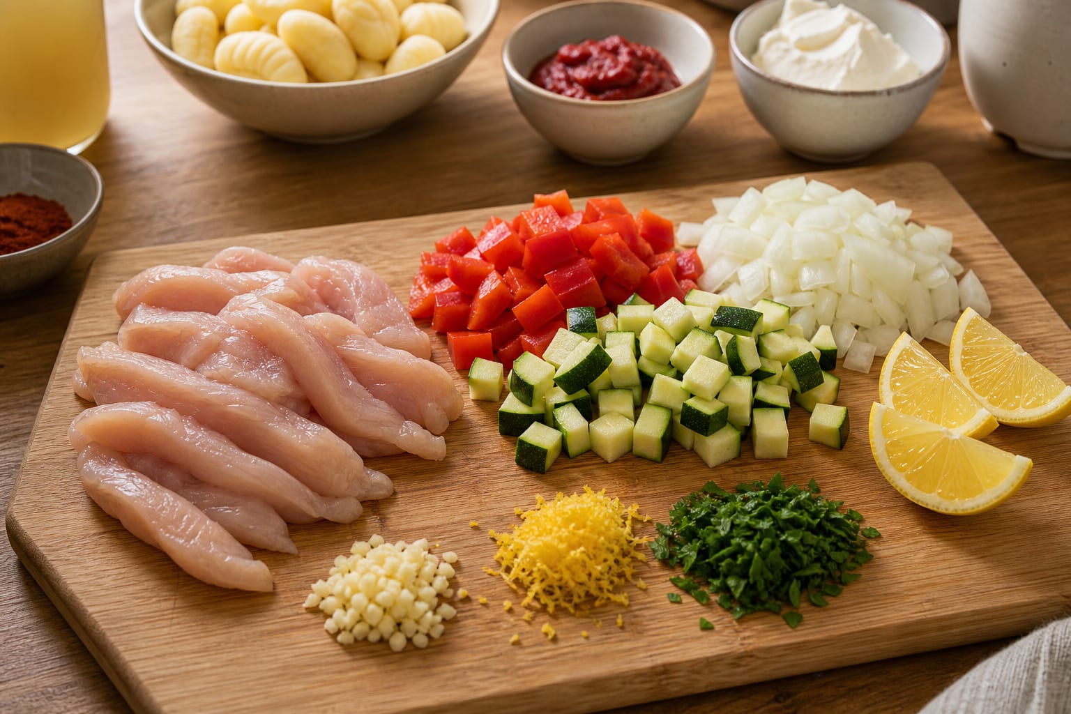 Creamy Paprika Chicken Gnocchi cooking step 1: Prep the chicken and veg.