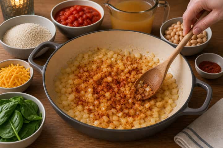 Creamy Tomato Bean Rice cooking step 2: Start cooking.
