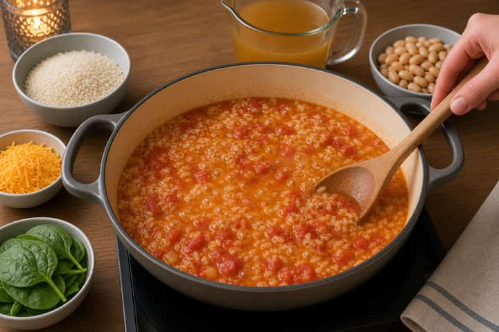 Creamy Tomato Bean Rice cooking step 3: Build the flavour.