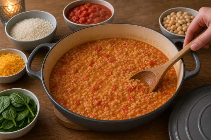 Creamy Tomato Bean Rice cooking step 4: Bring it together.