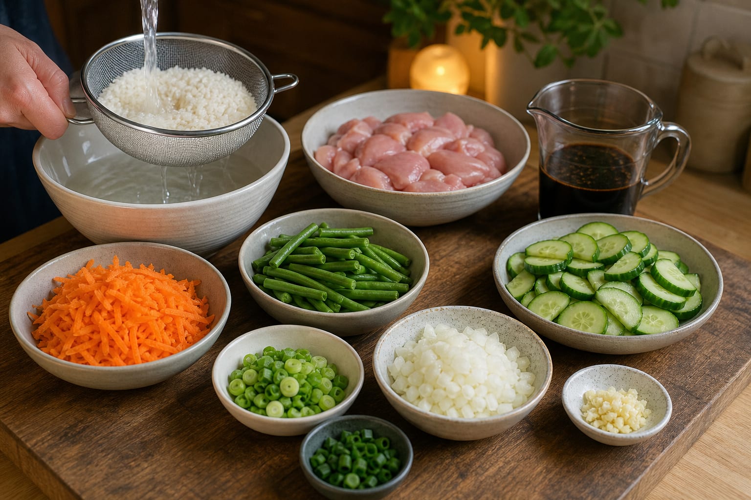 Chicken Adobo Rice Bowls cooking step 1: Prep the chicken and vegetables.