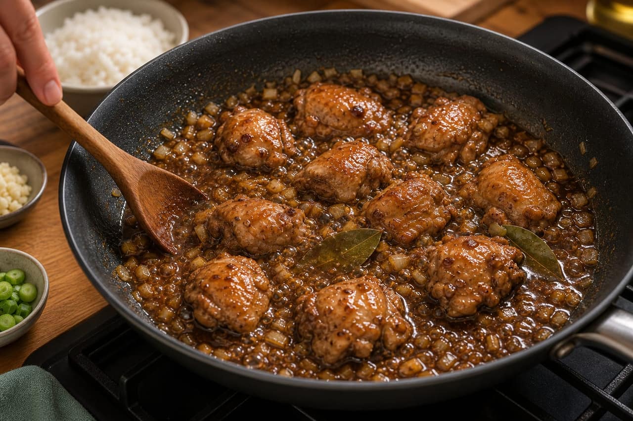 Chicken Adobo Rice Bowls cooking step 4: Simmer the adobo sauce.