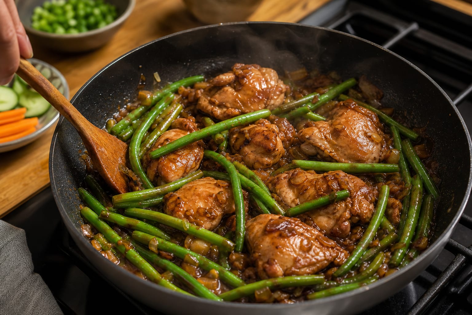 Chicken Adobo Rice Bowls cooking step 5: Add the green beans.