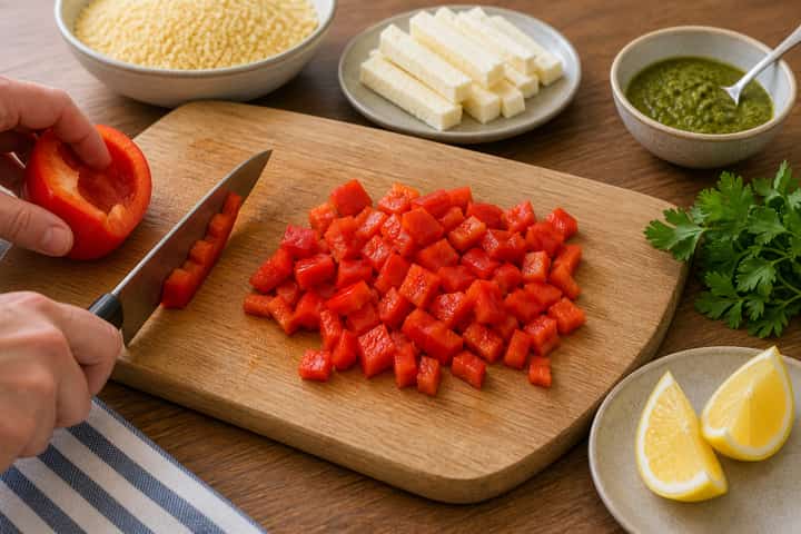Halloumi Pesto Couscous Boxes cooking step 2: Start cooking.