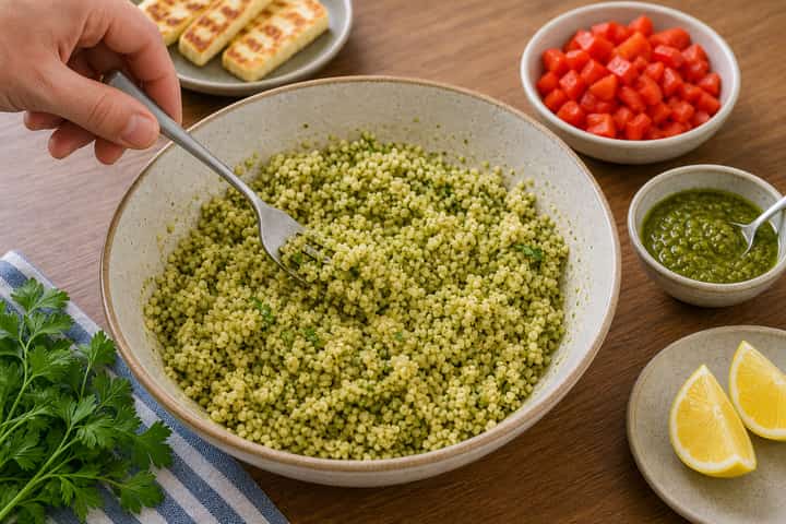 Halloumi Pesto Couscous Boxes cooking step 4: Bring it together.