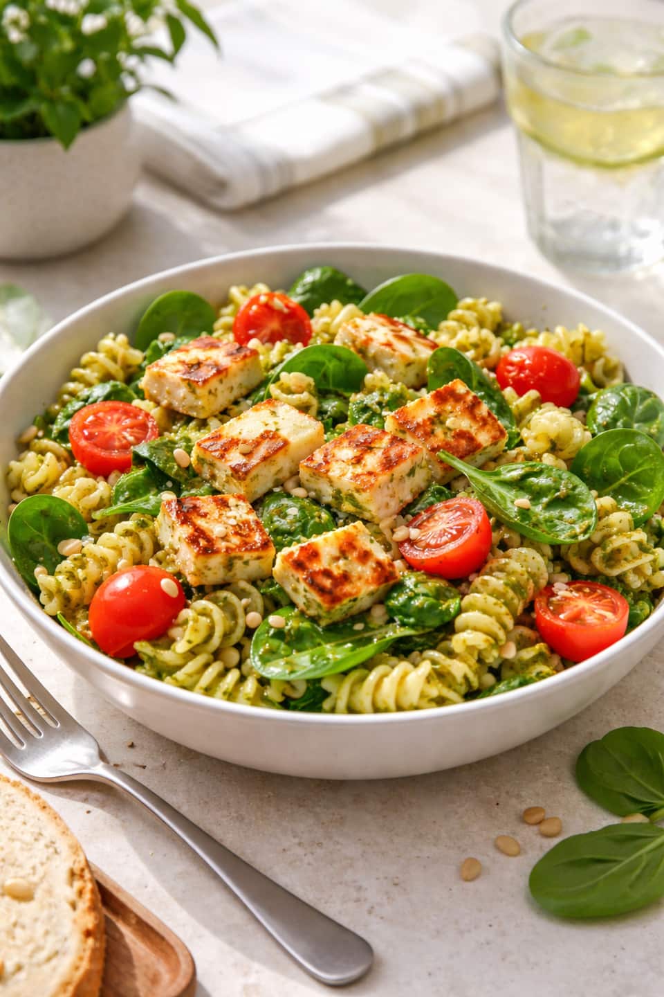 Halloumi Pesto Pasta Salad plated and ready to serve.