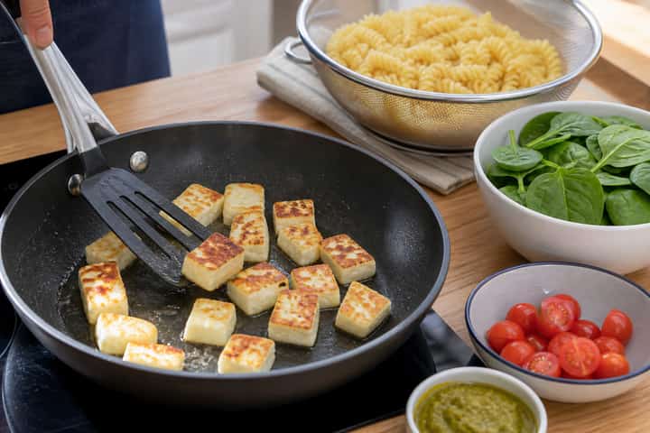 Halloumi Pesto Pasta Salad cooking step 3: Build the flavour.