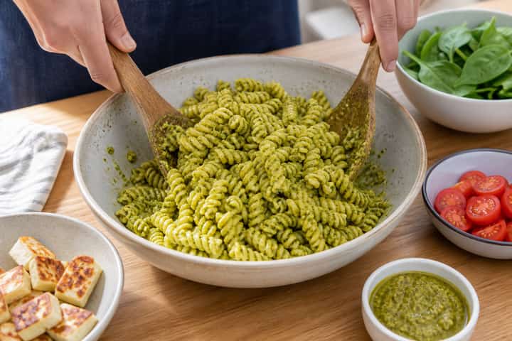 Halloumi Pesto Pasta Salad cooking step 4: Bring it together.