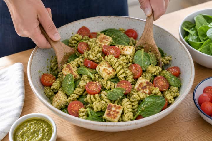 Halloumi Pesto Pasta Salad cooking step 5: Finish the dish.