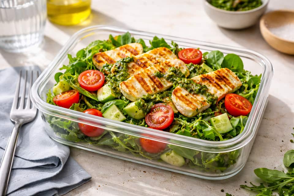 Halloumi Pesto Salad Boxes plated and ready to serve.
