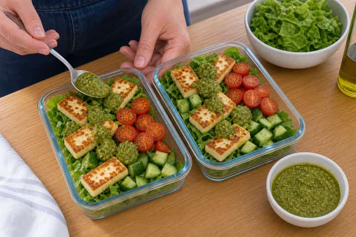 Halloumi Pesto Salad Boxes cooking step 4: Bring it together.