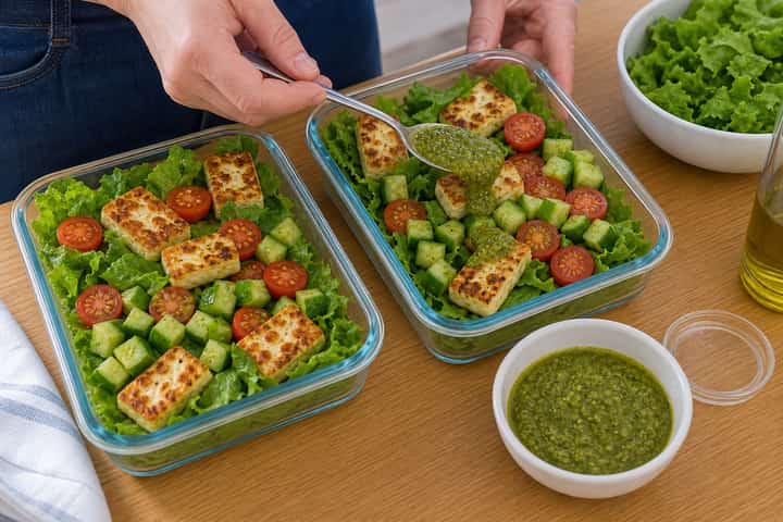 Halloumi Pesto Salad Boxes cooking step 5: Finish the dish.